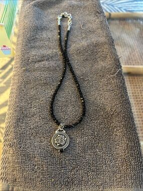 Black Beaded Pendant Necklace with Silver Medallion